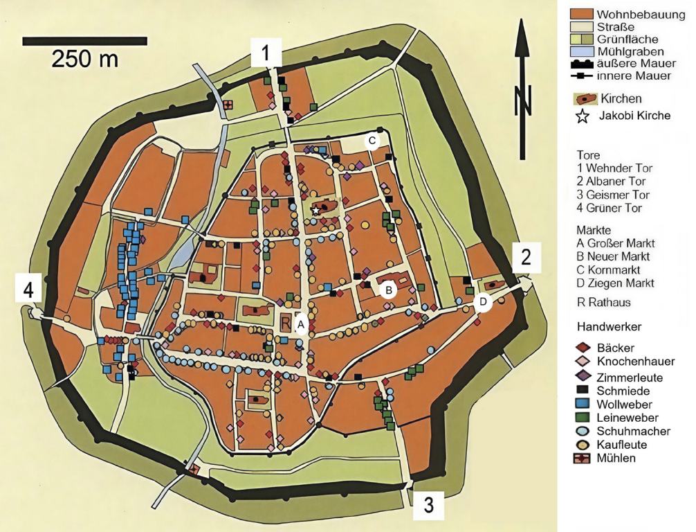 Grafische Karte einer befestigten mittelalterlichen Stadt mit Mauern, Toren, Märkten und Legende